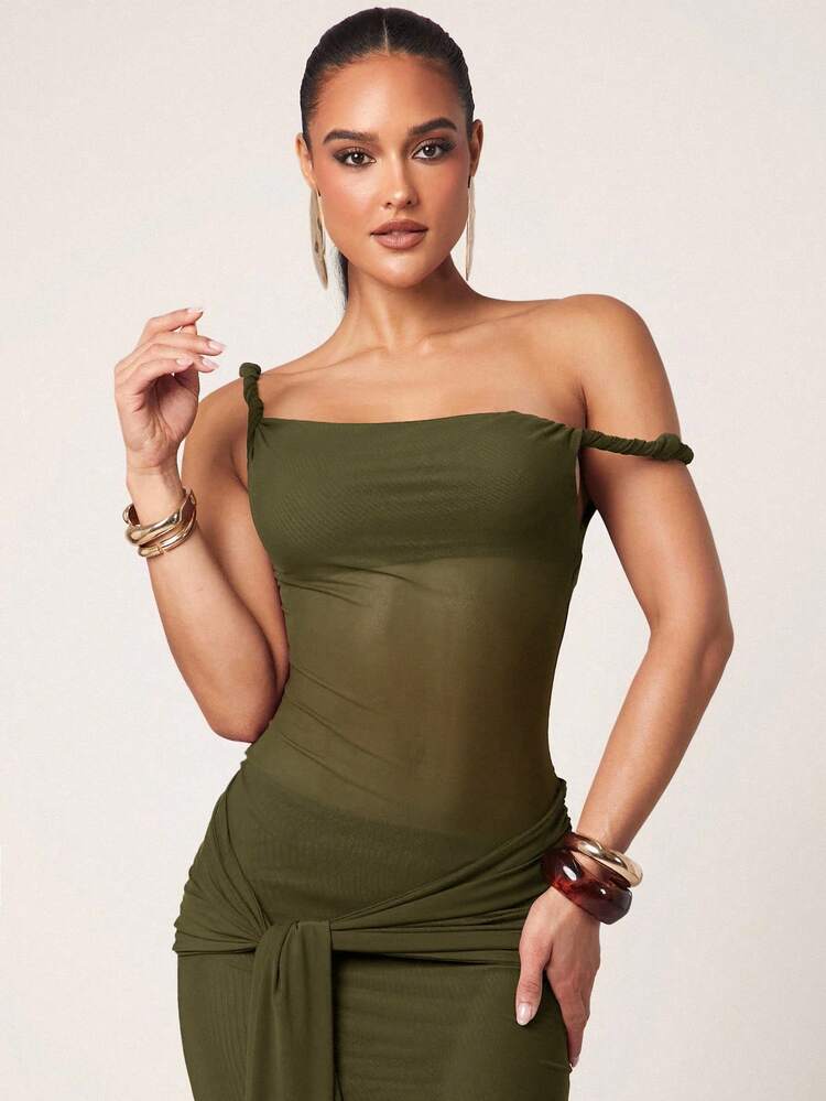 Silquee Women's Fashion Casual Satin Bodycon Maxi Slip Dress Mesh Maxi Dress Long Tight Dress Tight Maxi Dress Green Maxi Dress - Army Green - View 5