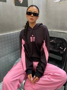 SHEIN Explorewe Streecool 儿童和青少年两件套：宽松连帽衫，带图案印花和工装裤，适合春秋季休闲装，适合上学和日常穿着 - 玫紅色 - 查看 7
