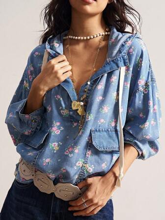 Bohemela Chemise décontractée pour femmes de style bohème campagnard, vacances, imprimé floral marguerite, patchwork en jean, demi-patte