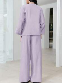 Firerie 女士休闲优雅度假时尚前系带宽松衬衫和高腰弹力宽松裤两件套 - 紫羅蘭色 - 查看 2