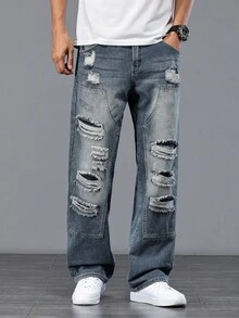 Manfinity Homme Jeans casuales de mezclilla rasgados de talla grande para hombres, jeans holgados rasgados, jeans desgastados, estilo emo - Azul - Ver 3