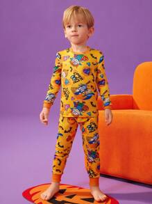 Nick 90s | SHEIN Young Boy Cartoon Graphic Halloween Round Neck Long Sleeve & Long Pants Comfortable Skin-Friendly 2pcs Pajama Set - Multicolor - View 6