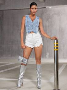 SHEIN BAE 女式简约刺绣无袖牛仔背心 - 淺色水洗藍 - 查看 5