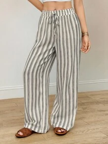 SHEIN PETITE 女式度假休闲条纹直筒裤 - 卡其色 - 查看 3