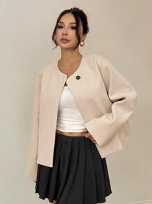 SHEIN PETITE Woolen Round Collar Short Coat Suitable For Autumn And Winter Cropped Blazer - Beige - View 6