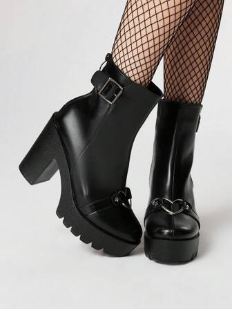 Kawaii Damen Gothic Stil runde Zehenkappe mit Schnallen Dekor Plateau Klotz Absatz Punk Stiefel, PU Leder schwarze High Heel Stiefel geeignet für Party, Alltag, Abendkleid, Größenzuwachs und Beinverlängerung, Halloween