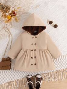 SHEIN Vintaside Kids 女婴冬季时尚休闲简约单排扣卡其色长袖连帽风衣外套，带棕色毛皮衬里，适合上学、日常拍摄、旅行