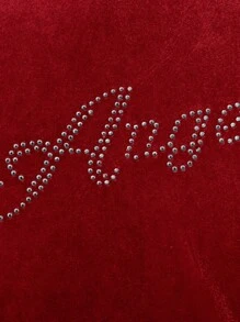 SHEIN 年轻女孩 2 件套水钻字母图案天鹅绒连帽衫和喇叭裤、运动裤、服装、可爱、休闲和复古，非常适合夏季和秋季休闲和日常穿着和学校日常穿着，适合圣诞节 - 紅色 - 查看 6