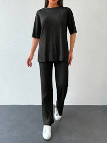 ZIRRA 2pcs Women Solid Color Round Neck Drop Shoulder Ribbed T-Shirt And Pants Casual Set - Black - View 1