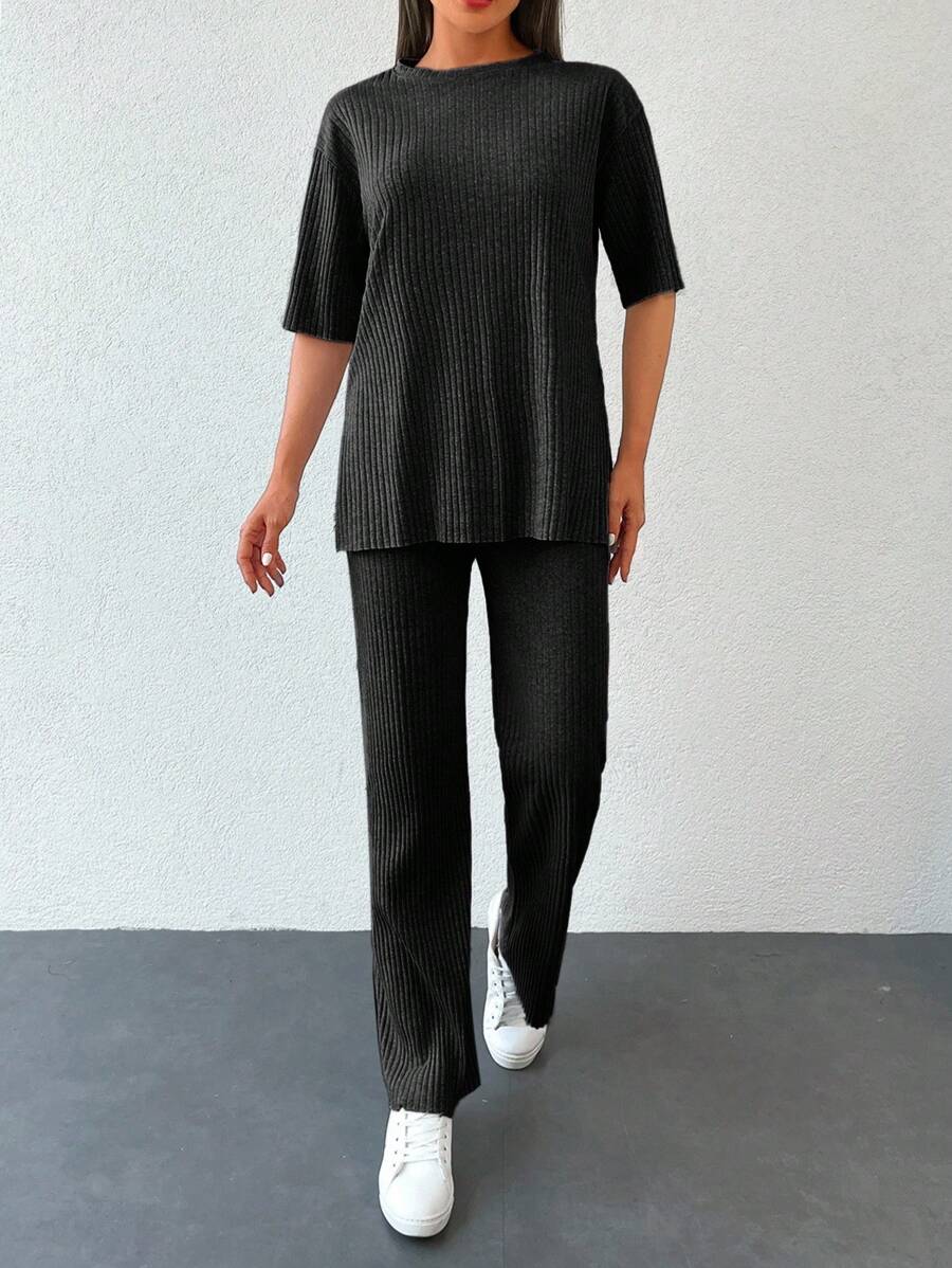 ZIRRA 2pcs Women Solid Color Round Neck Drop Shoulder Ribbed T-Shirt And Pants Casual Set - Black - View 1