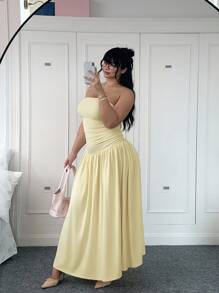 SHEIN EZwear 大码女式休闲黄色抹胸连衣裙 - 杏色 - 查看 1