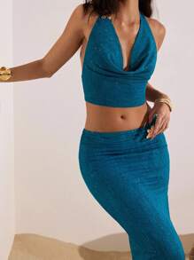 Opulessa 女式性感露背吊带上衣和裙子两件套，夏季，女式两件套服装，度假装女式裙子套装，别致女式套装，两件套裙子套装，休闲女式，音乐会，派对，俱乐部服装，秋季女式服装，别致秋季，外出服装，优雅性感派对约会夜服装女式 - 藍色 - 查看 4