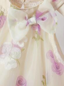 SHEIN Bộ 2 món áo không tay và quần short vải voan thêu hoa trang trí nơ 3D cho bé gái, ngọt ngào và tràn đầy năng lượng cho mùa hè - Màu tím - Xem 4