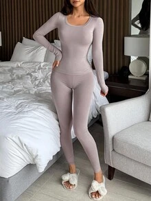 DAZY 简约纯色舒适针织方领上衣和裤子修身女士家居服套装，秋冬睡衣，舒适套装 - 灰色 - 查看 6