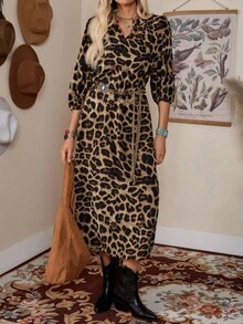 LanaWest 女士夏季缺口 V 领豹纹灯笼袖长款宽松休闲连衣裙长款女装 - 棕色 - 查看 7