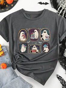 EMERY ROSE 万圣节主题加大码图案T恤，休闲舒适圆领T恤，万圣节T恤，适合夏季 - 深灰色 - 查看 3