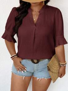 SHEIN Frenchy Plus Size Casual Solid Color Notched Neck Shirt