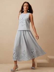 Anewsta 春夏新款度假风重工刺绣镂空花卉装饰高腰A字裙（女款） - 淺藍色 - 查看 6