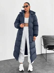 SHEIN Cottnline Waterproof, Keep Warm Feature, Double Colored Drawstring Detailed, Puffer Wintercoat - Cadet Blue - View 1
