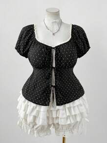 Sunspun 大码黑白圆点拼接泡泡袖蕾丝花边前系带衬衫，适合春、夏、秋季