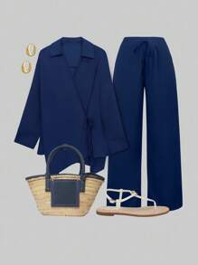 SHEIN LUNE CURVE Plus Size Women Holiday Loose Solid Color Tie Wrap Shirt And Pants 2 Pieces Set - Blue - View 1