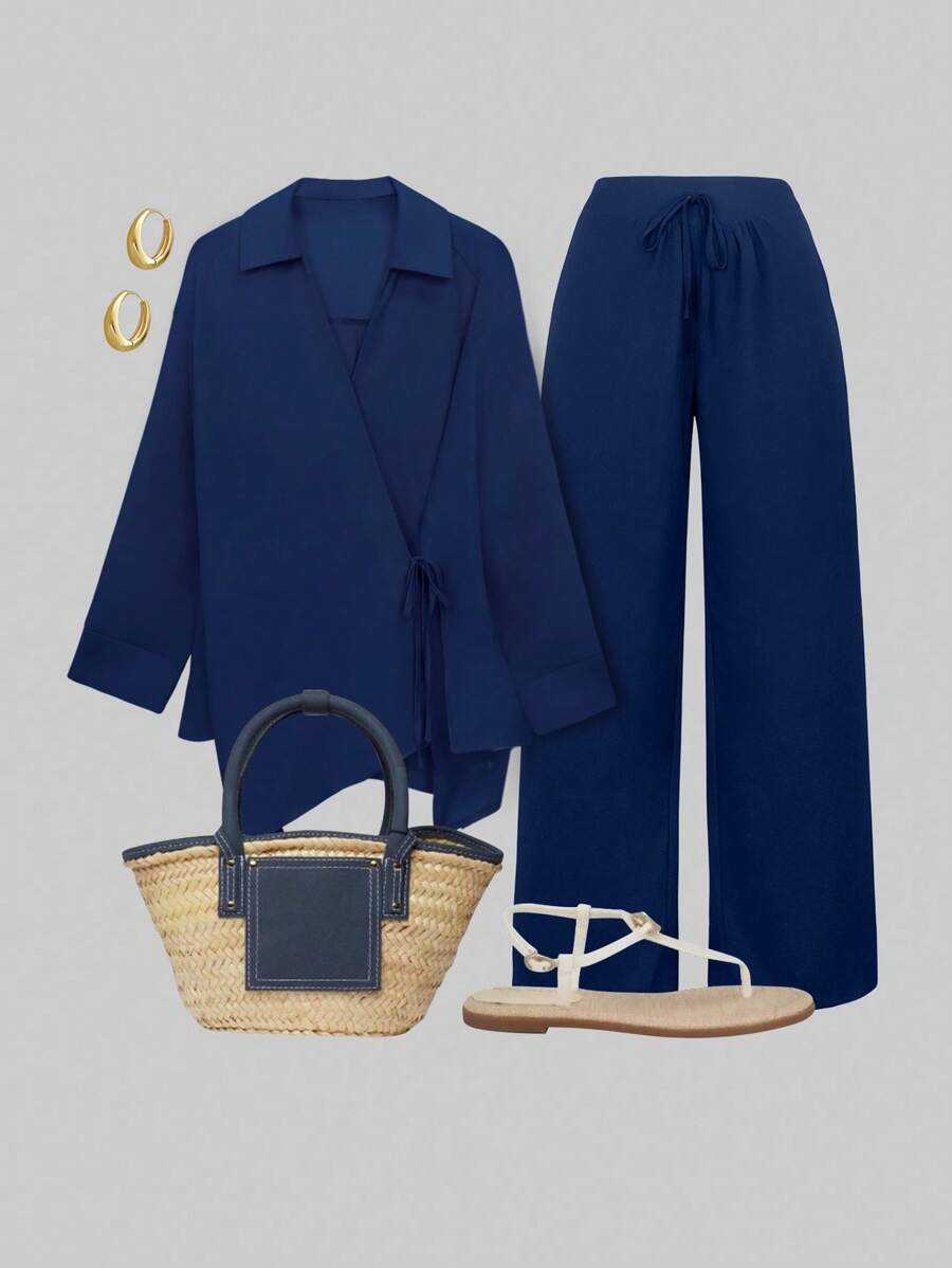 SHEIN LUNE CURVE Plus Size Women Holiday Loose Solid Color Tie Wrap Shirt And Pants 2 Pieces Set - Blue - View 1