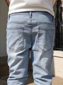 Manfinity Roghcode Plus Size Men's Light Blue Distressed Patch Denim Jeans, Fashionable Slim Fit Casual Pants Men Ripped Denim Jeans Streetwear Jeans