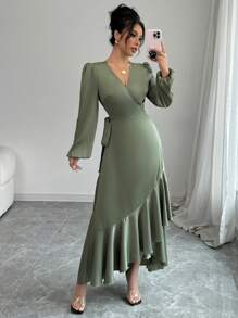 Elenzga 1 件优雅女式连衣裙，采用闪亮面料，交叉荷叶边侧系带细节，荷叶边下摆缎面连衣裙长款女装 - 綠色 - 查看 8