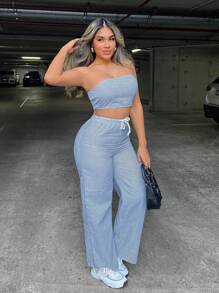 Zolique 女士休闲条纹印花短款筒形上衣和抽绳腰阔腿裤套装，夏季假日装 - 藏蓝色 - 查看 5