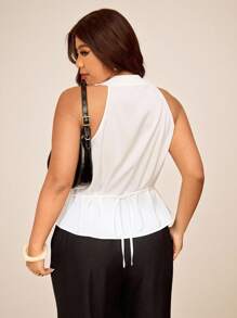 Elaquor Blusa de verano con cuello halter y bajo asimétrico en unicolor para mujer de talla grande - Blanco - Ver 2