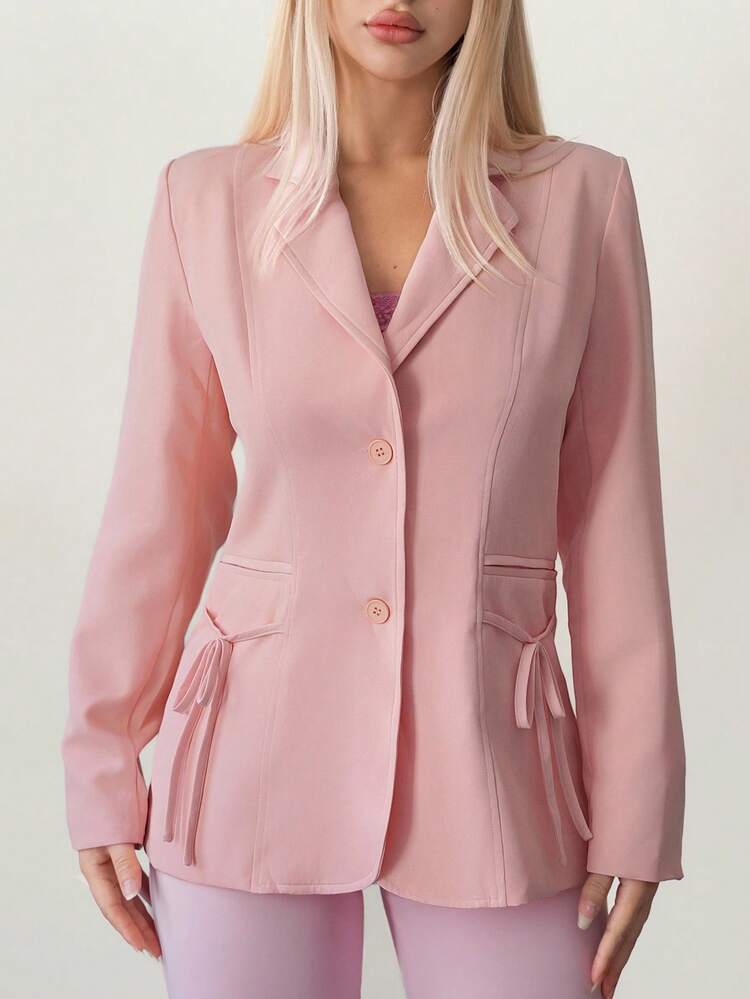 Sweetina Women's Loose Fit Blazer Jacket With Pocket & Bow Decor - Baby Pink - View 7