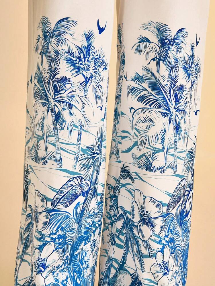 CAJUNI Pantalones casuales de vacaciones con estampado de árbol de coco para mujer - Multicolor - Añade 6