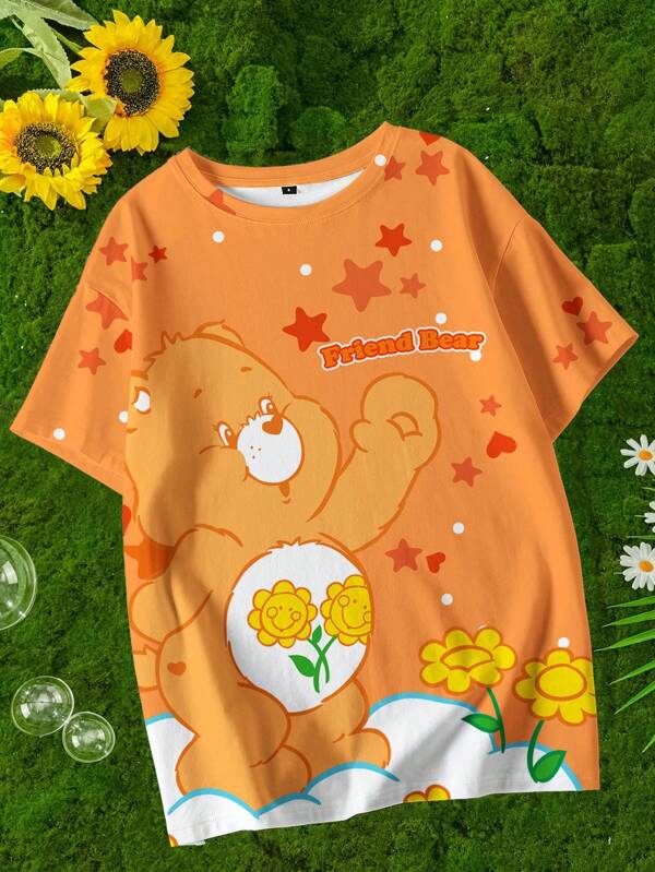 SHEIN X Care Bears Women's Casual Cute Cartoon Bear Print Round Neck Short Sleeve T-Shirt, Summer
