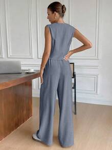 Siren Gaze 女士纯色单排扣背心和裤子套装 秋冬女士办公室装 商务女性服装 - 霧霾藍 - 查看 4