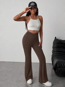 SHEIN Teen Girls' Brown Solid Color High Waist Flare Pants, Suitable For Home, Casual, Outdoor Sports Bell Bottom Pants Flared Leggings Brown Pants Flared Sweatpants Fall Winter - Brown - View 4