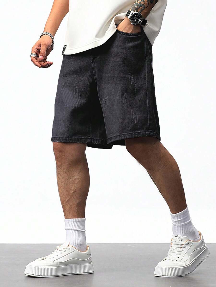 Manfinity Homme Men's Black Casual Denim Shorts, Summer Men Washed Black Denim Shorts Streetwear Men Shorts