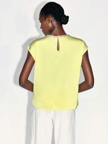 Maija 女士优雅通勤水钻装饰盖袖衬衫，夏季 - 黃色 - 查看 4