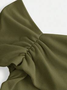 SHEIN Girlism Teen Girl Ribbed Knit One Shoulder Ruched Fitted Casual T-Shirt, Versatile Off The Shoulder Top Green Tops Tube Top
