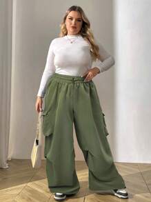 SHEIN CURVE+ 大码纯色抽绳腰阔腿休闲工装裤 - 軍綠色 - 查看 5