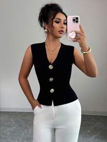 Franclia Women's Casual Solid Color Shoulder Fitted Metal Button Sleeveless Knit Vest, Autumn/WinterWomen's Autumn Clothingautumn Fall Clothes For Women Fall Autumn Clothes Fall Outfits For Women Autumn Outfits For Women Fall Clothes Autumn Women  Fall Women Clothes Autumn Clothing Elegant Fashionable Casual Commuting Business Office Daily Leisure All-Match Temperament Urban Teacher Professional Attire