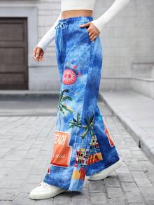 SHEIN LUNE 休闲时尚个性阔腿宽松抽绳女式牛仔裤 - 藍色 - 查看 5