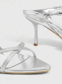 CUCCOO SZL Giày cao gót mũi nhọn đính kim loại bạc và đá Rhinestone gợi cảm cho nữ - Bạc - Xem 11