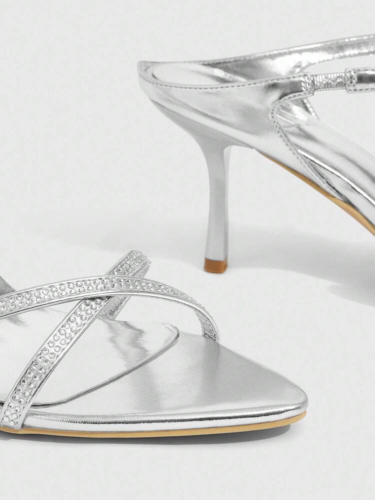 CUCCOO SZL Women's Silver Metal & Rhinestone Decor Pointed Toe Sexy High Heel Sandals