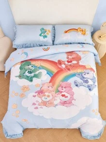 SHEIN X Care Bears 3pc Cute Cartoon Bear & Rainbow Print Ruffle Trim Bedding Set,Suitable For Single Bed/Double Bed/Queen Bed/King Bed, Dormitory/Home - Blue - View 4