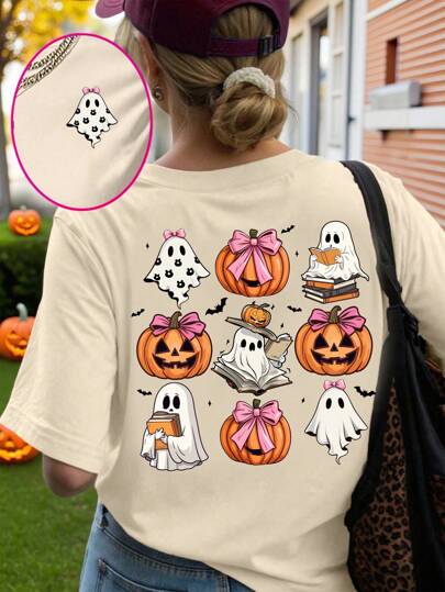 SHEIN Halloween Women Casual Creative 9-Grid Pumpkin Bow Ghost Graphic Print Round Neck Short Sleeve T-Shirt, Holiday Style Halloween Shirts Halloween Sweater Fall Shirts Fall Tops