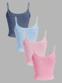 SHEIN EZwear 4 件套女士雾霾蓝、浅蓝、浅粉、玫粉紧身短款休闲吊带背心上衣，适合夏季 - 彩色 - 查看 2