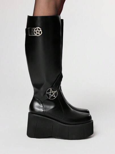 Grunge Punk Vintage Sexy Platform Over-The-Knee Boots, Punk Style Round Toe Back Zipper Round Star Buckle 4.0in Thick Heel 13in Shaft Circumference 14in Shaft Height, Gothic Street Solid Color PU Leather Thick Platform Wedge Heel Tall Boots, Suitable For Outdoor, Commute, Party In Autumn/Winter