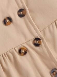 SHEIN Vintaside Kids 女婴冬季时尚休闲简约单排扣卡其色长袖连帽风衣外套，带棕色毛皮衬里，适合上学、日常拍摄、旅行