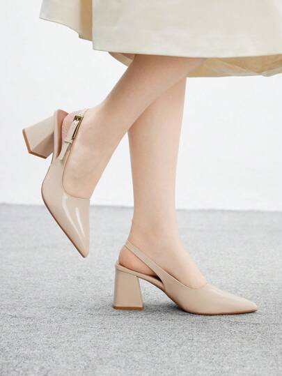 CUCCOO BIZCHIC Tacones de mula de punta puntiaguda con hebilla lateral y tacón grueso, color albaricoque, adecuados para el uso diario, citas y fiestas