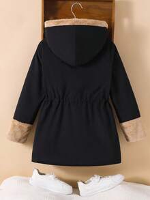 青少年女孩秋冬长袖休闲连帽宽松口袋毛绒长袖外套，适合日常穿着和休闲场合 - 黑色 - 查看 2